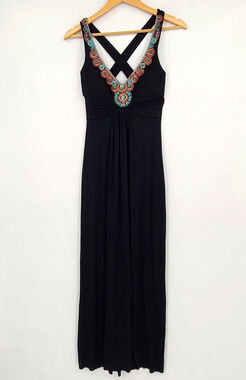 Cache Black V-Neck Colorful Beaded Dress Y2K Boho Resort Cruisewear Size XS